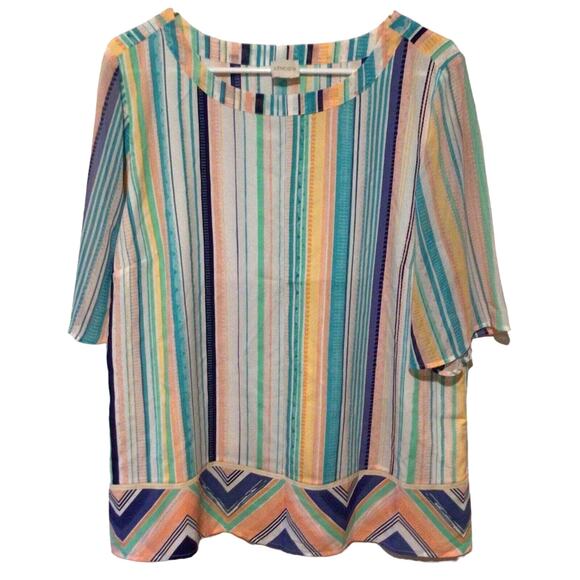 Chico's White Multicolor Pastel Striped Short Sleeve Top Size 2 L 12 - Picture 3 of 4